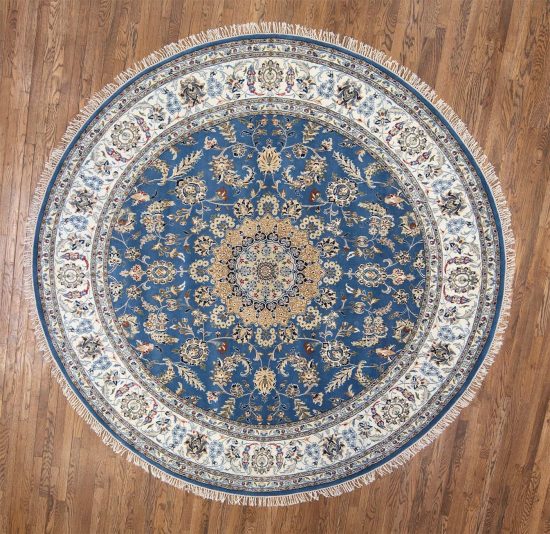 9 ft round rug. Handmade wool Persian Nain style rug in beautiful blue color made in India. Rug size 9.3x9.3.