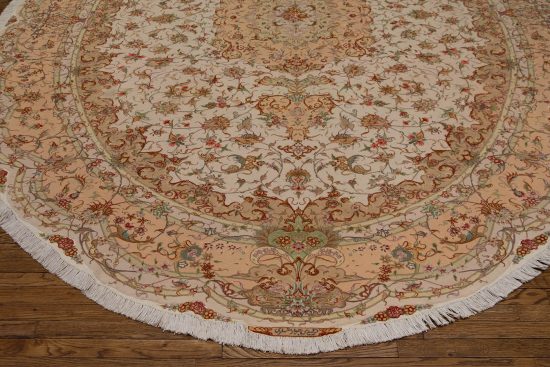 Oval Persian rug, Handmade wool and silk Persian Tabriz oval rug in beige and salmon colors. Size 8.5x11.10.