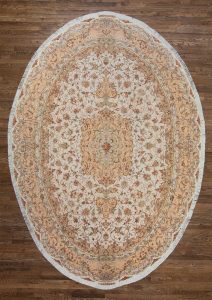 Oval Persian rug, Handmade wool and silk Persian Tabriz oval rug in beige and salmon colors. Size 8.5x11.10.
