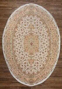 Persian Oval rugs. Handmade wool and silk Persian Tabriz oval rug in beige and salmon colors.