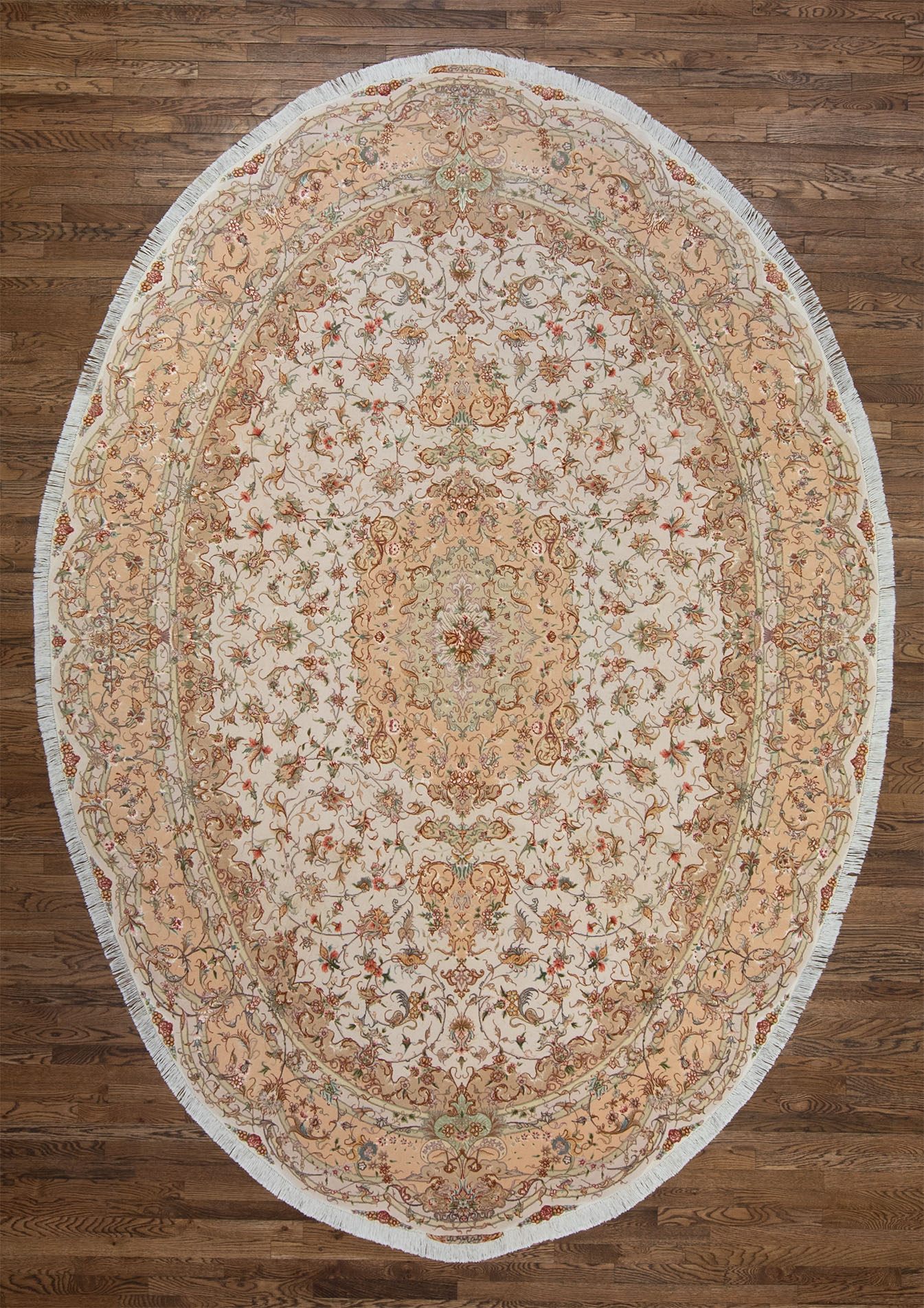 Oval Persian rug, Handmade wool and silk Persian Tabriz oval rug in beige and salmon colors. Size 8.5x11.10.