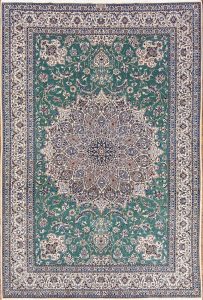 Persian Nain rug. Hand knotted Habibian Nain wool and silk rug in green color with 625 KPSI. Size 6.9x10.