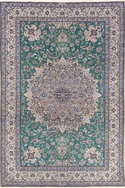 Persian Nain rug. Hand knotted Habibian Nain wool and silk rug in green color with 625 KPSI. Size 6.9x10.