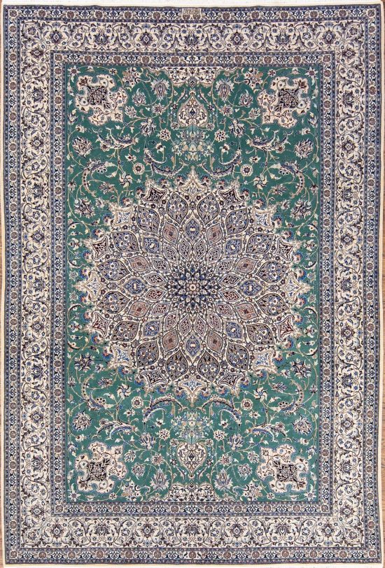 Persian Nain rug. Hand knotted Habibian Nain wool and silk rug in green color with 625 KPSI. Size 6.9x10.