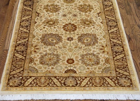 3x5 oriental rug sale. Handmade wool transitional rug in pastel beige and chestnut colors.