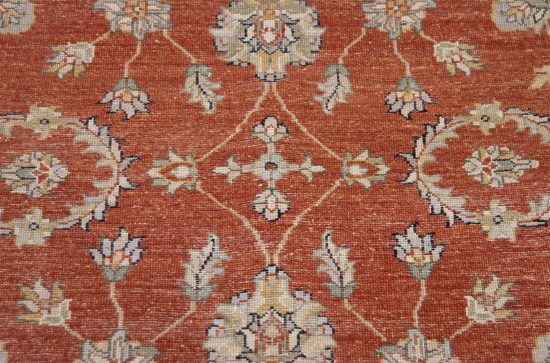 Rust oriental rug. Hand knotted wool transitional Oushak style rug made in India. Size 5.1x6.10.