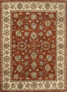Rust oriental rug. Hand knotted wool transitional Oushak style rug made in India. Size 5.1x6.10.