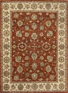 Rust oriental rug. Hand knotted wool transitional Oushak style rug made in India. Size 5.1x6.10.