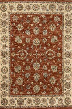 Rust oriental rug. Hand knotted wool transitional Oushak style rug made in India. Size 5.1x6.10.