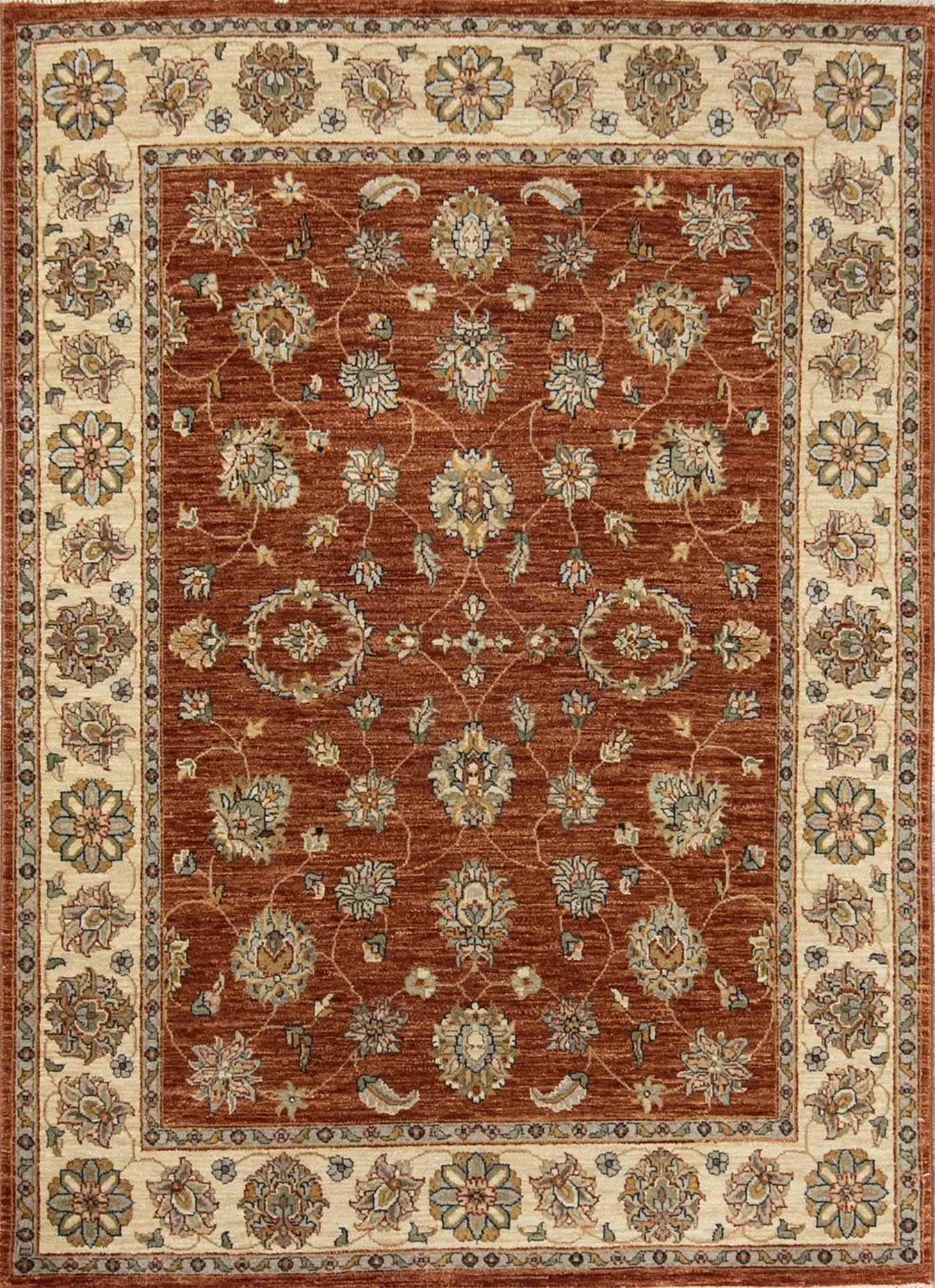 Rust oriental rug. Hand knotted wool transitional Oushak style rug made in India. Size 5.1x6.10.