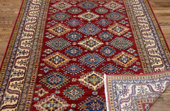 Geometric oriental rug. Handmade super Kazak oriental rug in red color. Size 5x6.8.