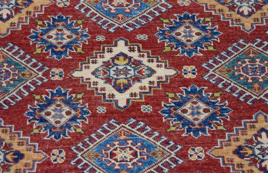 Geometric oriental rug. Handmade super Kazak oriental rug in red color. Size 5x6.8.