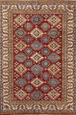 Geometric oriental rug. Handmade super Kazak oriental rug in red color. Size 5x6.8.