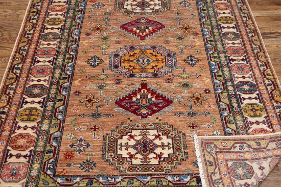 Handmade area rug. Small geometric Kazak style wool area rug . Size 4.10x6.9.