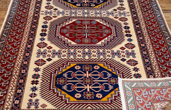 Wool rug 5x7. hand knotted geometric Kazak style rug in beige color. Size 5x7.