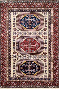 Wool rug 5x7. hand knotted geometric Kazak style rug in beige color. Size 5x7.