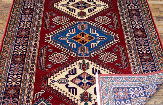 Rustic area rugs. Handmade Geometric Kazak area rug in rustic red color. Size 4.2x5.10.