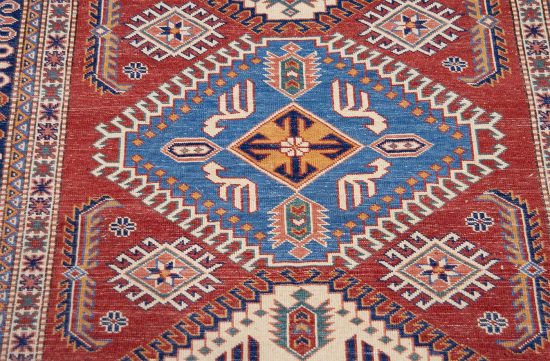 Rustic area rugs. Handmade Geometric Kazak area rug in rustic red color. Size 4.2x5.10.