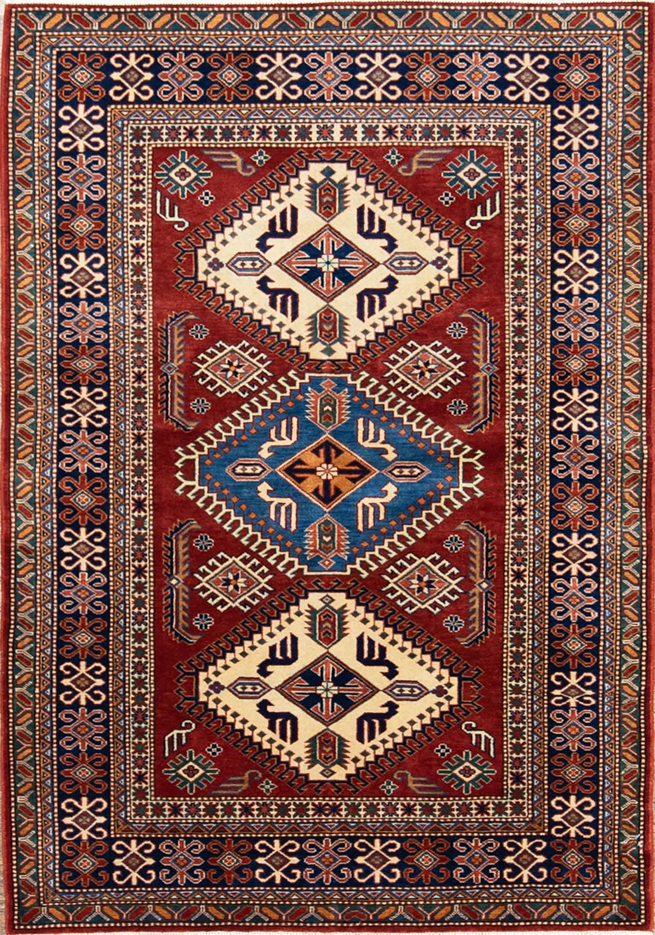 Rustic area rugs. Handmade Geometric Kazak area rug in rustic red color. Size 4.2x5.10.
