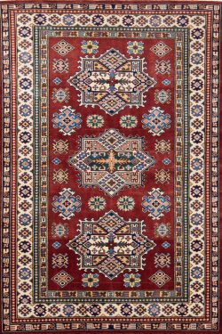 Oriental rugs online. Handmade wool oriental rug with Russian accent in red color. Size 4.1x5.10.