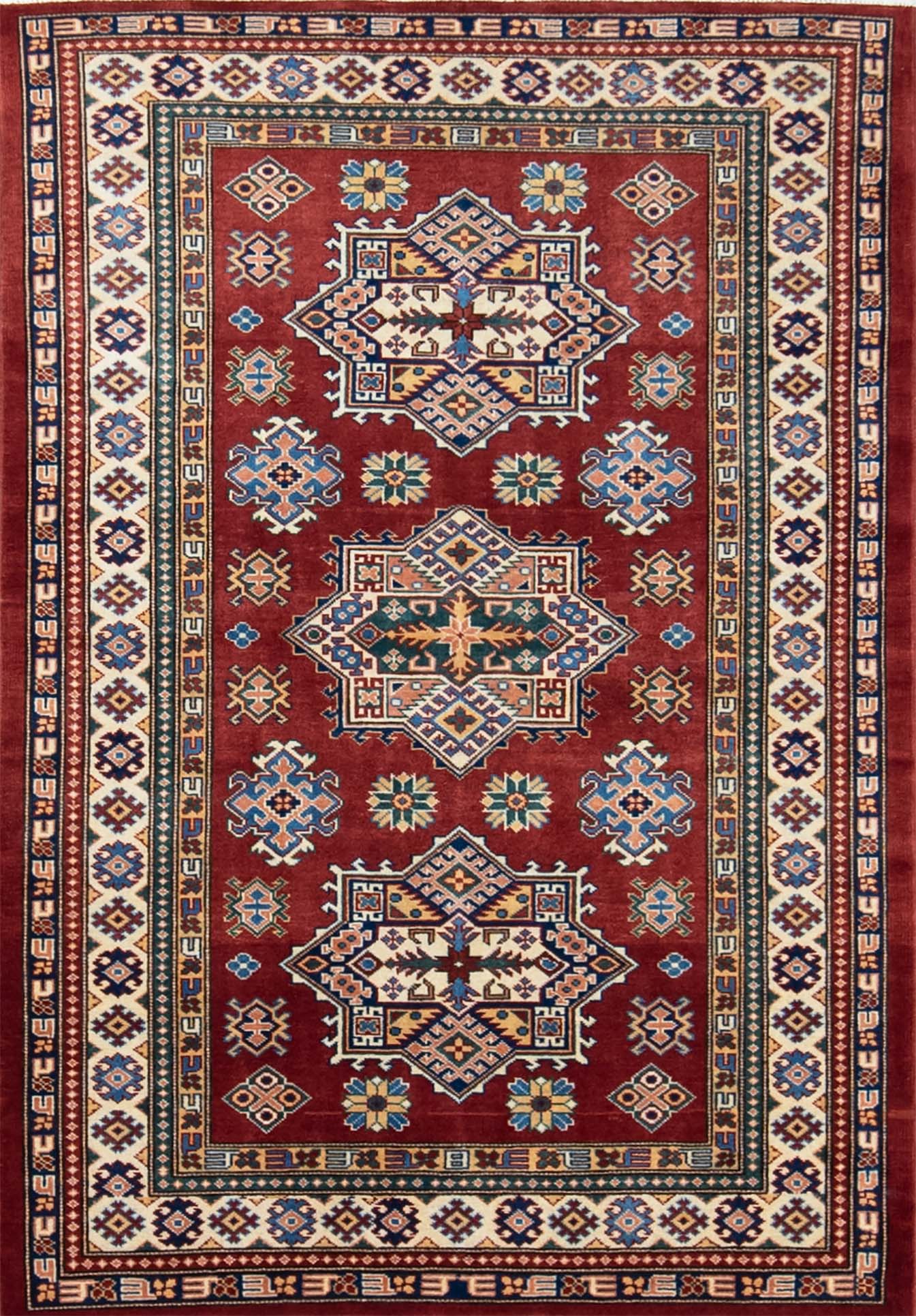Oriental rugs online. Handmade wool oriental rug with Russian accent in red color. Size 4.1x5.10.