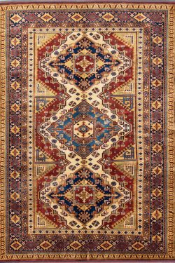 Small oriental rug. Hand woven Caucasian style wool rug in red color made in Pakistan. Size 4.10x7.8.