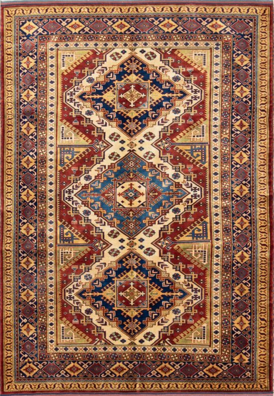 Small oriental rug. Hand woven Caucasian style wool rug in red color made in Pakistan. Size 4.10x7.8.