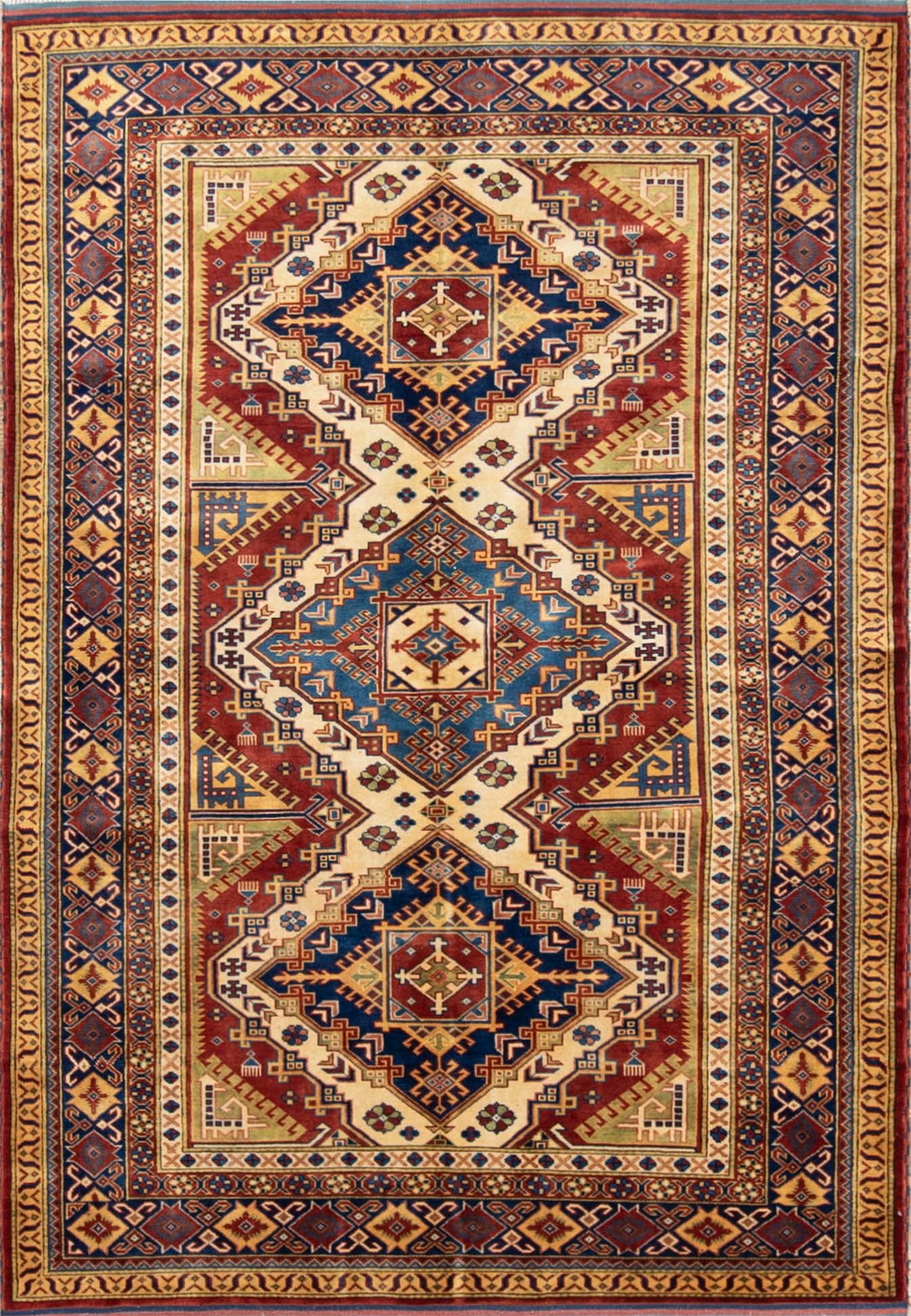 Small oriental rug. Hand woven Caucasian style wool rug in red color made in Pakistan. Size 4.10x7.8.