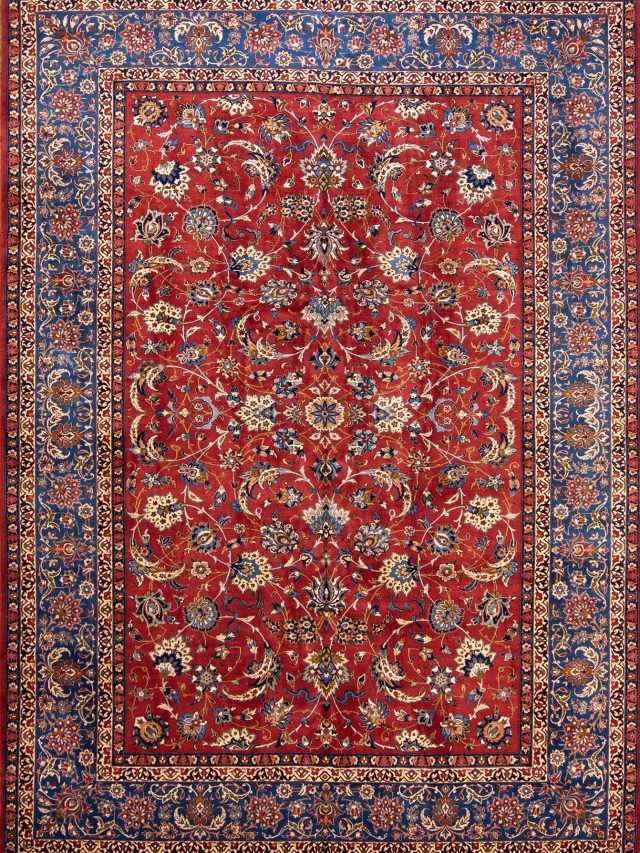 Vintage Persian rug. Handmade Persian Isfahan floral allover design wool rug in terracotta and blue colors. Size 10.3x14.5.