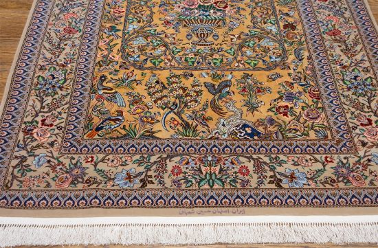 Exclusive rug. Beautiful hand knotted Persian Isfahan rug made of silk and kork wool in gold color. Size 5x7.4