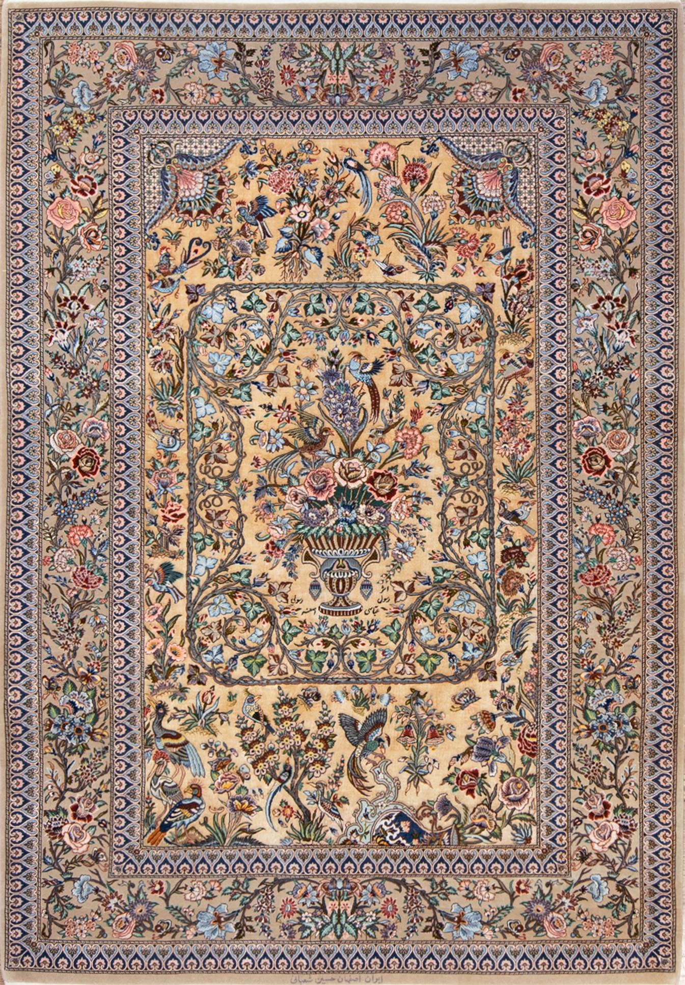 Exclusive rug. Beautiful hand knotted Persian Isfahan rug made of silk and kork wool in gold color. Size 5x7.4