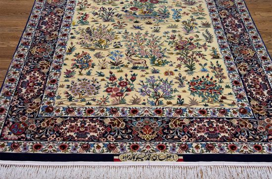 Rugs for small living room, hand woven Persian Isfahan rug with birds and animals in Yellow and navy blue colors. Size 5.4x7.10.