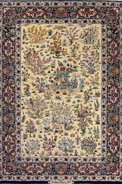 Rugs for small living room, hand woven Persian Isfahan rug with birds and animals in Yellow and navy blue colors. Size 5.4x7.10.