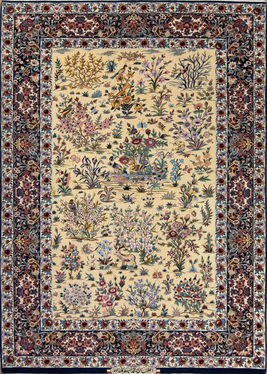 Rugs for small living room, hand woven Persian Isfahan rug with birds and animals in Yellow and navy blue colors. Size 5.4x7.10.