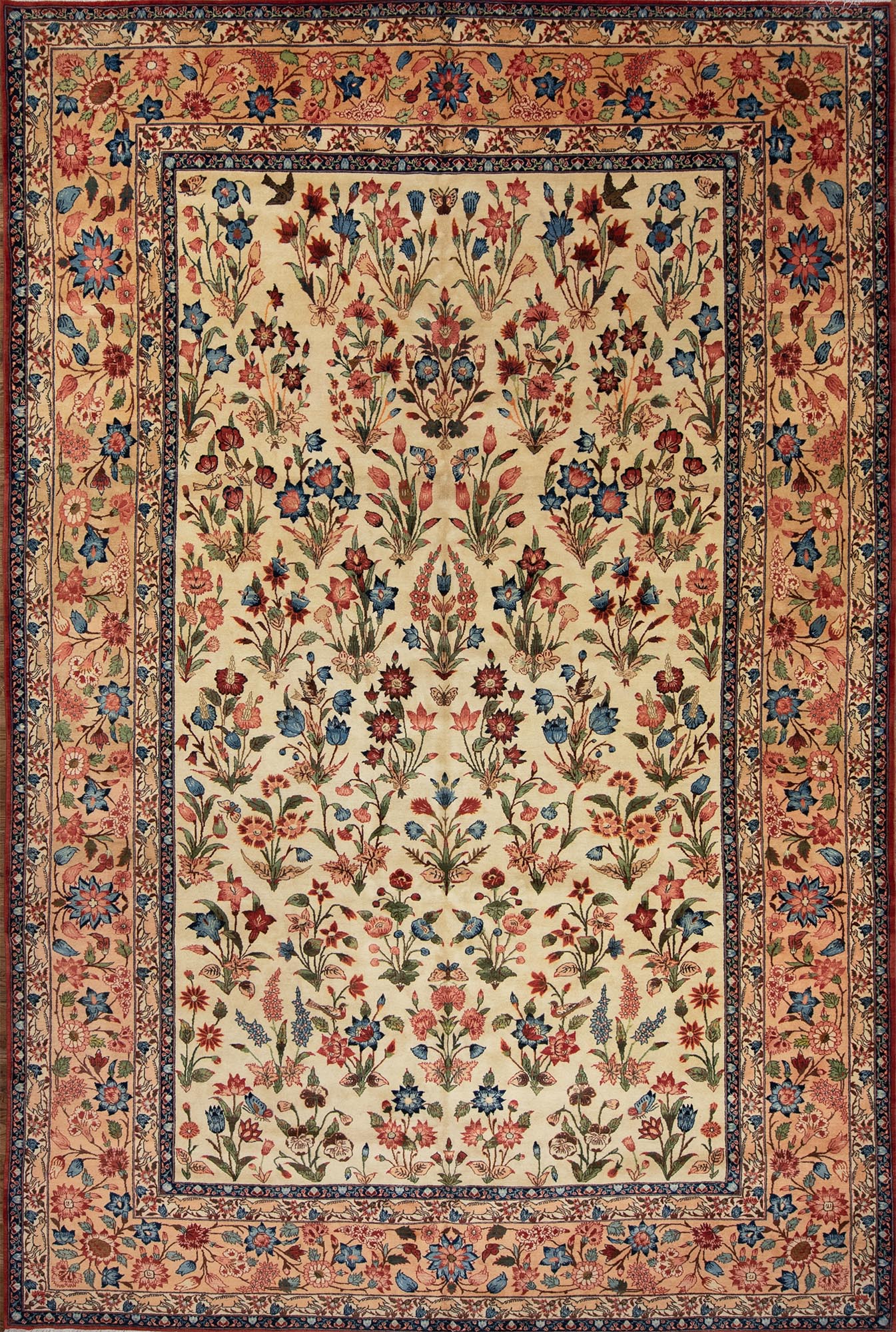 Beautiful floral Persian Najaf Abad rug in Rose and Nightingale design in beige and salmon colors made of wool. size 10.3x16.10.