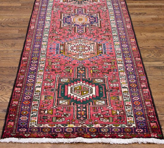 Long and wide hallway runner rug. Handmade geometric Persian Karajeh runner in red color. Size 3.5x13.