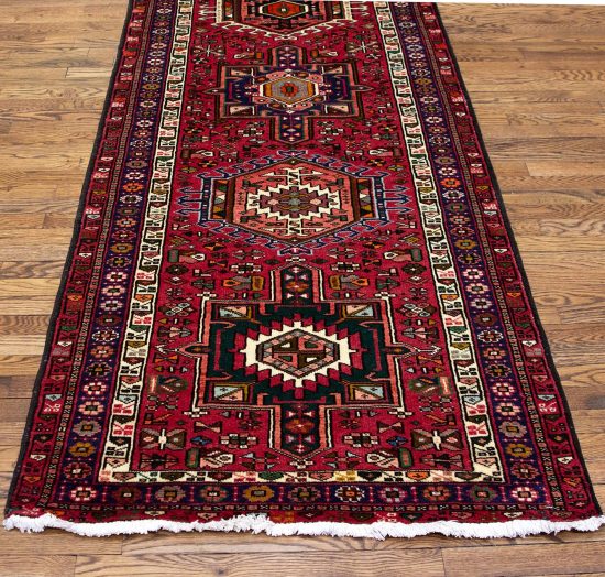 Long and wide hallway runner rug. Handmade geometric Persian Karajeh runner in red color. Size 3.5x13.