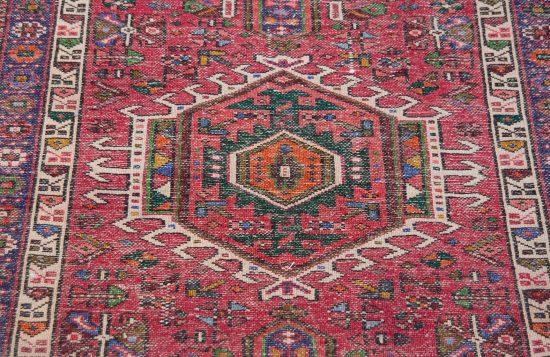 Long and wide hallway runner rug. Handmade geometric Persian Karajeh runner in red color. Size 3.5x13.