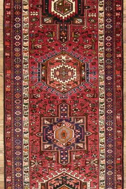 Long and wide hallway runner rug. Handmade geometric Persian Karajeh runner in red color. Size 3.5x13.