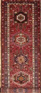 Long and wide hallway runner rug. Handmade geometric Persian Karajeh runner in red color. Size 3.5x13.