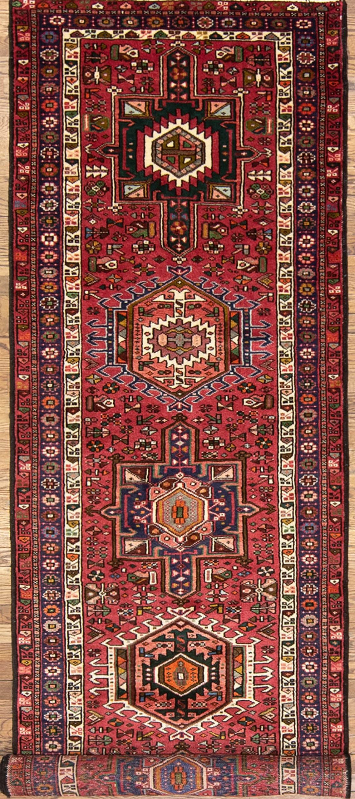 Long and wide hallway runner rug. Handmade geometric Persian Karajeh runner in red color. Size 3.5x13.