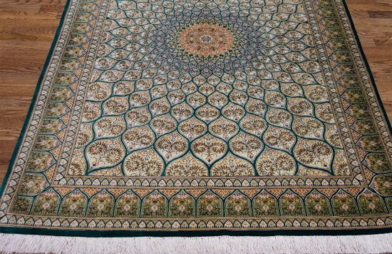 Silk Persian Rug with Green Mosque Design