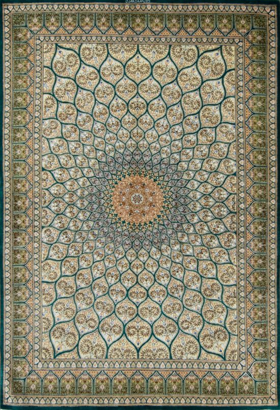 Silk Persian Rug with Green Mosque Design