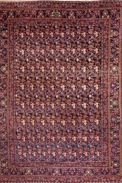 Old Persian Birjand Dorokhsh rug. Floral allover design Persian rug, multi color with navy blue background. Size 10x13.4.