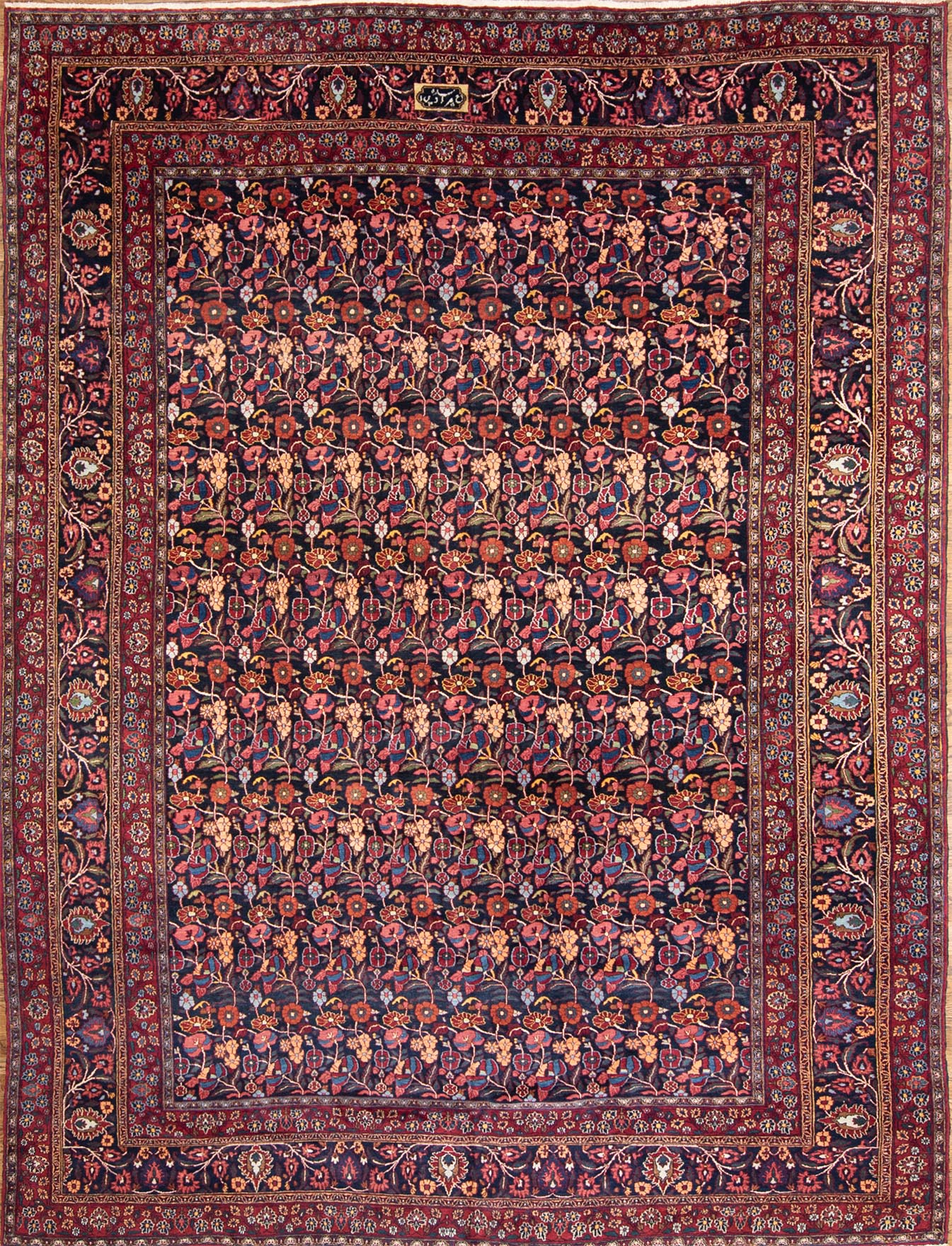 Old Persian Birjand Dorokhsh rug. Floral allover design Persian rug, multi color with navy blue background. Size 10x13.4.