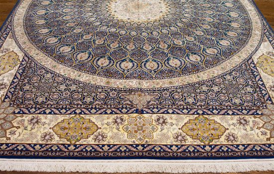 8x11 Persian rug. High quality handmade Persian Isfahan kork wool and silk rug, Mandala design in blue and gold colors.