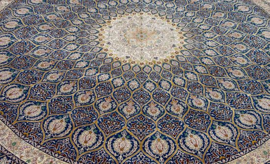 8x11 Persian rug. High quality handmade Persian Isfahan kork wool and silk rug, Mandala design in blue and gold colors.