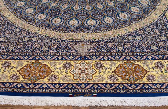 8x11 Persian rug. High quality handmade Persian Isfahan kork wool and silk rug, Mandala design in blue and gold colors.