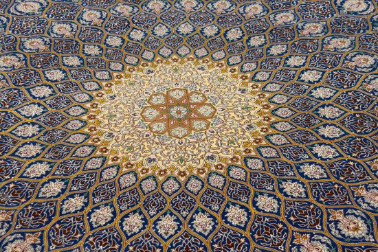 8x11 Persian rug. High quality handmade Persian Isfahan kork wool and silk rug, Mandala design in blue and gold colors.