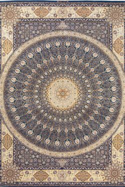 8x11 Persian rug. High quality handmade Persian Isfahan kork wool and silk rug, Mandala design in blue and gold colors.